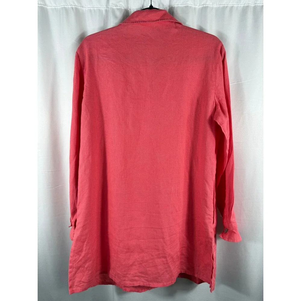 Chicos Coral Pink 100% Linen Long Sleeve Button Down Tunic‎ Top Size 1 M Medium